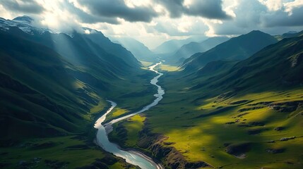 vast mountain valley with a winding river