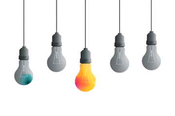 One bright idea glowing light bulb among dim ones symbolizing innovation and uniqueness isolated on transparent background