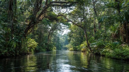 Obraz premium Dense Amazon Rainforest with a Lush River Flowing Through