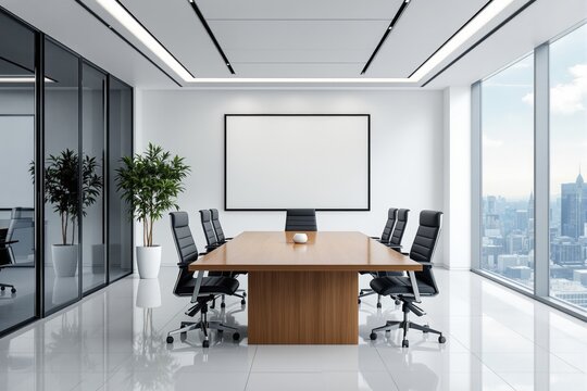 Modern corporate meeting room with large windows, wooden table, leather chairs, and blank presentation screen in high-rise office concept space. Ai generative - Powered by Adobe