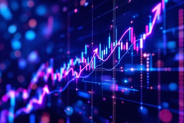 Abstract financial chart with glowing neon lines and bar graphs indicating growth and business success on a digital interface background. Ai generative