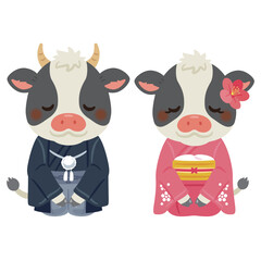 晴れ姿の丑年のキャラクター　男女　お辞儀