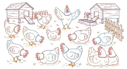Fototapeta premium Whimsical illustration of happy chickens in a farmyard setting with charming chicken coops and a rustic fence perfect for children's books and educational materials