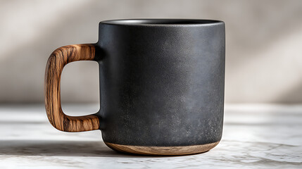Rustic black ceramic mug with textured handle on a light colored surface