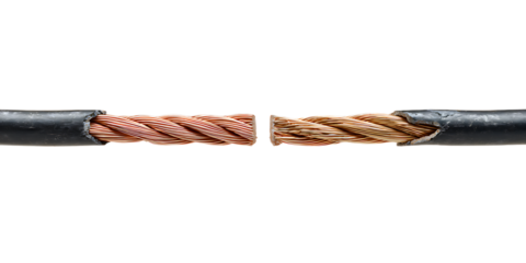 Close-up macro shot of a damaged electrical cable showing exposed wires and insulation isolated on transparent background