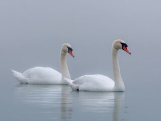 Fototapeta premium Mystical Swans Swimming Across a Foggy Lake