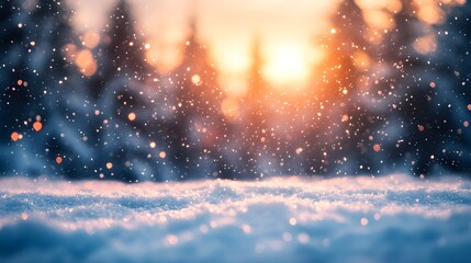 Winter wonderland scene with falling snow and a warm sunset glow