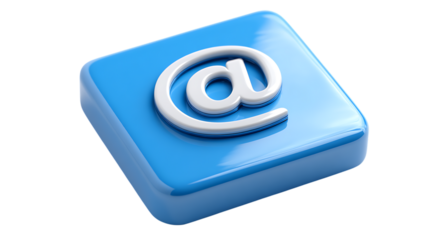 Shiny blue square icon with email symbol for digital communication and online services isolated on transparent background