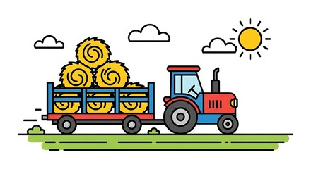 Naklejka premium Vibrant cartoon tractor hauls bountiful hay bales across sunny fields, celebrating rural harvest and agricultural abundance
