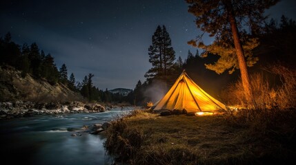 Under the Stars with a Glowing Tent and Campfire by a River