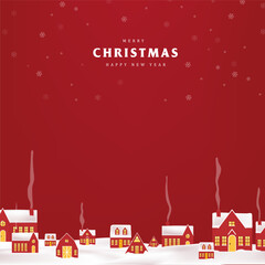 Flat cityscape illustration for christmas and new year holiday with snowy red houses and winter night background