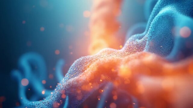 Abstract colorful background with flying blue and orange particles. seamless loop