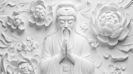Serene White Bas-relief Sculpture of Chinese Sage with Peonies