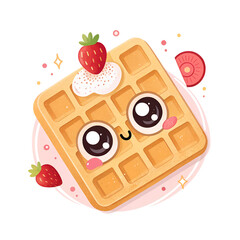 Cute square waffle with strawberry and cream isolated on transparent background