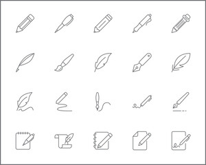Simple Set of pen Related Vector Line Icons. Vector collection of pencil and quill pen, marker pen, stationery, writing, literature, pen nib symbols or logo elements in thin outline.