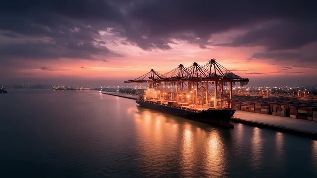 Busy Scene of Container Terminal Loading and Unloading at Sunset