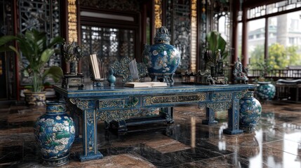 Obraz premium Serene Blue Chinese Study Interior