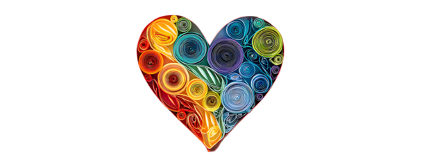 Vibrant abstract heart shape with kaleidoscope patterns and rainbow colors isolated on transparent background
