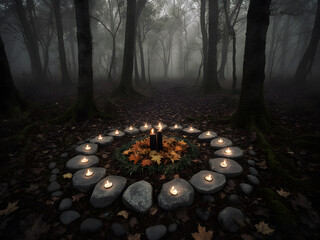 A Pagan Ritual Circle with Candles in a Misty Forest