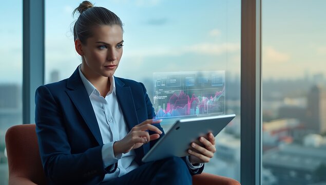 Determined businesswoman analyzing futuristic financial data on a holographic tablet display