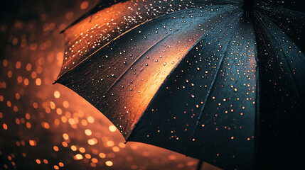 A close-up of a black umbrella with glistening raindrops under soft streetlight on a dark moody background, reflecting subtle warm tones