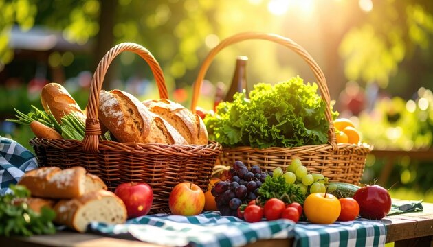 Baskets Filled with Fresh Produce on Picnic Blanket Under Sunlight