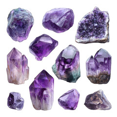 Purple amethyst crystals, various shapes
