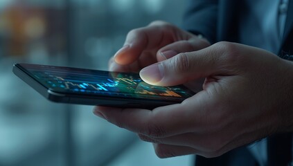 Professional businessman checking stock market data on a modern smartphone screen