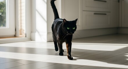 black cat walking indoors a sleek feline strides across sun-drenched wooden floorboards in a modern home perfect for pet blog or home design visuals.