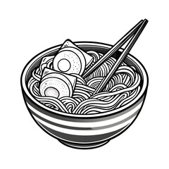 Black and white illustration of a bowl of ramen noodles with tofu and chopsticks isolated on transparent background