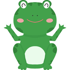 Cute green frog cartoon illustration with rosy cheeks and a big smile, sitting with arms raised in a cheerful pose. Perfect for children designs, stickers, and playful decorations.
