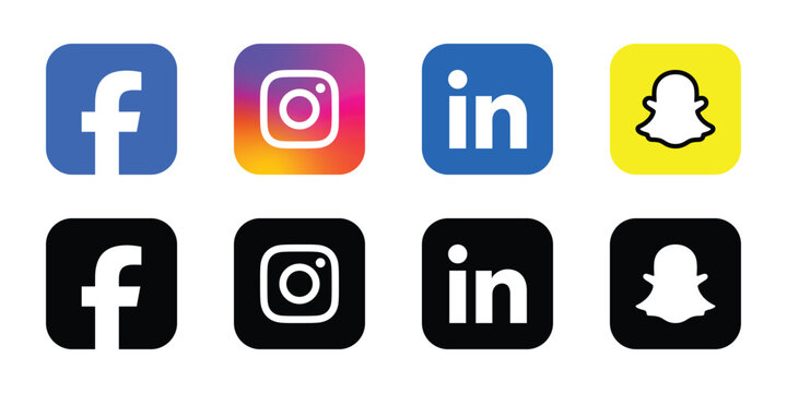 facebook instagram linkedin snapchat social media logo icon set colorful black round square vector design