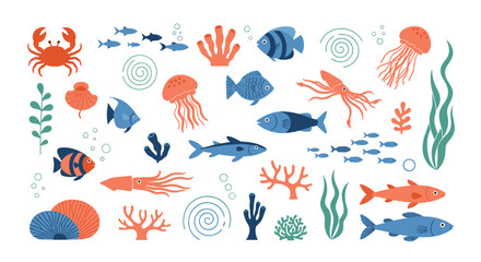 A collection of colorful marine life and oceanic elements for design projects.