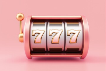 Slot machine jackpot with triple sevens in pink and gold on pastel background representing luck, success, and winning concept in business themes. Ai generative