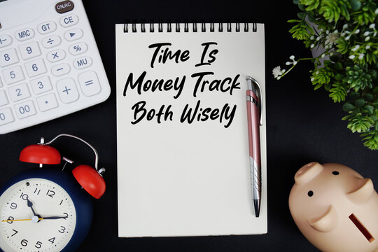 Time Is Money Track Both Wisely text with calculator with alarm clock and piggy bank on black background - Powered by Adobe