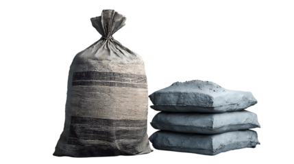 Stack of cement bags and transparent bag of granules ready for construction projects isolated on transparent background