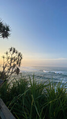 view of the sea waves from the top of the bush hill with an orange blue twilight sky and thin clouds