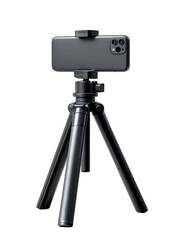 Smartphone on a gray tripod,  a compact, versatile setup