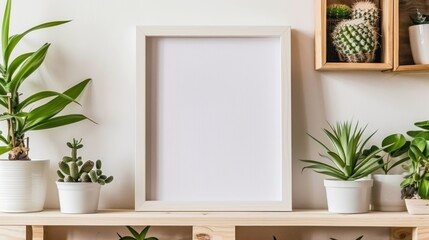 Empty White Frame Surrounded by Green Potted Plants on Wooden Shelf in Modern Indoor Decor