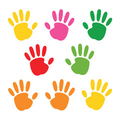 Colorful handprints collection of brightly colored children s handprints on white background
