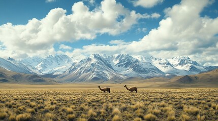 Two vicuña animals graze peacefully in a vast, arid landscape beneath a dramatic mountain range with snow-capped peaks and a bright blue sky filled with fluffy clouds.