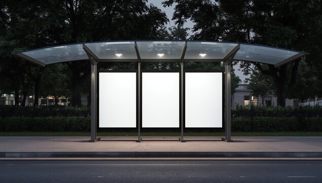 Bus station mockup with 3 empty spaces. Night or dusk time, 3d rendered realistic illustration