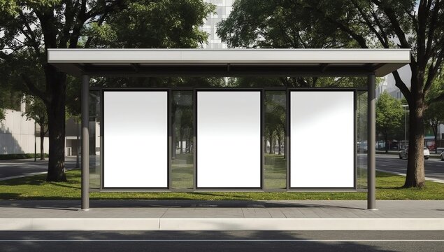 Bus station mockup with 3 empty spaces. Night or dusk time, 3d rendered realistic illustration