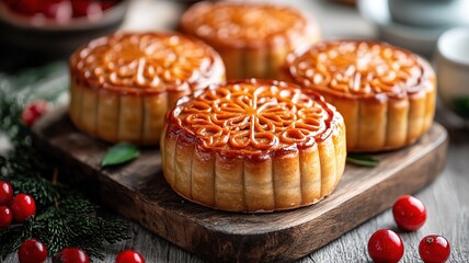 Traditional Mooncake Still Life Photography: Wooden Tray with Green Leaves and Red Berries for Festive Atmosphere and Food Background