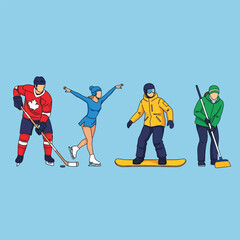 Obraz premium Four illustrated figures engaging in winter sports and activities against a blue background.