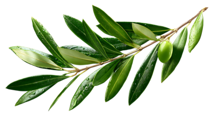 Green olive branch with elongated leaves isolated on white background. 