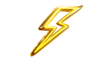 Golden lightning bolt symbol with realistic metallic shine and energy effect isolated on transparent background