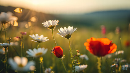 Beautiful meadow of vibrant red poppies in full summer bloom under a bright sky