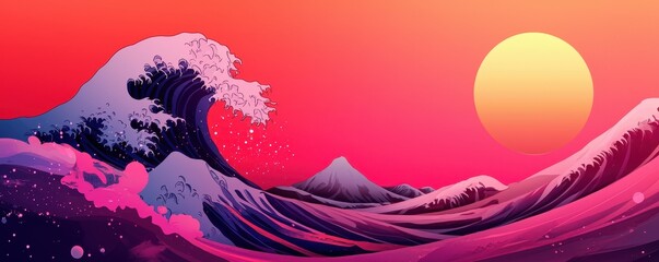 A vibrant sunset scene featuring stylized waves and mountains, blending pink and purple hues for a serene, artistic look.