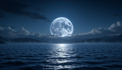 Full moon over the dark ocean, a luminous reflection of the night sky, its silver light breaking through the clouds
